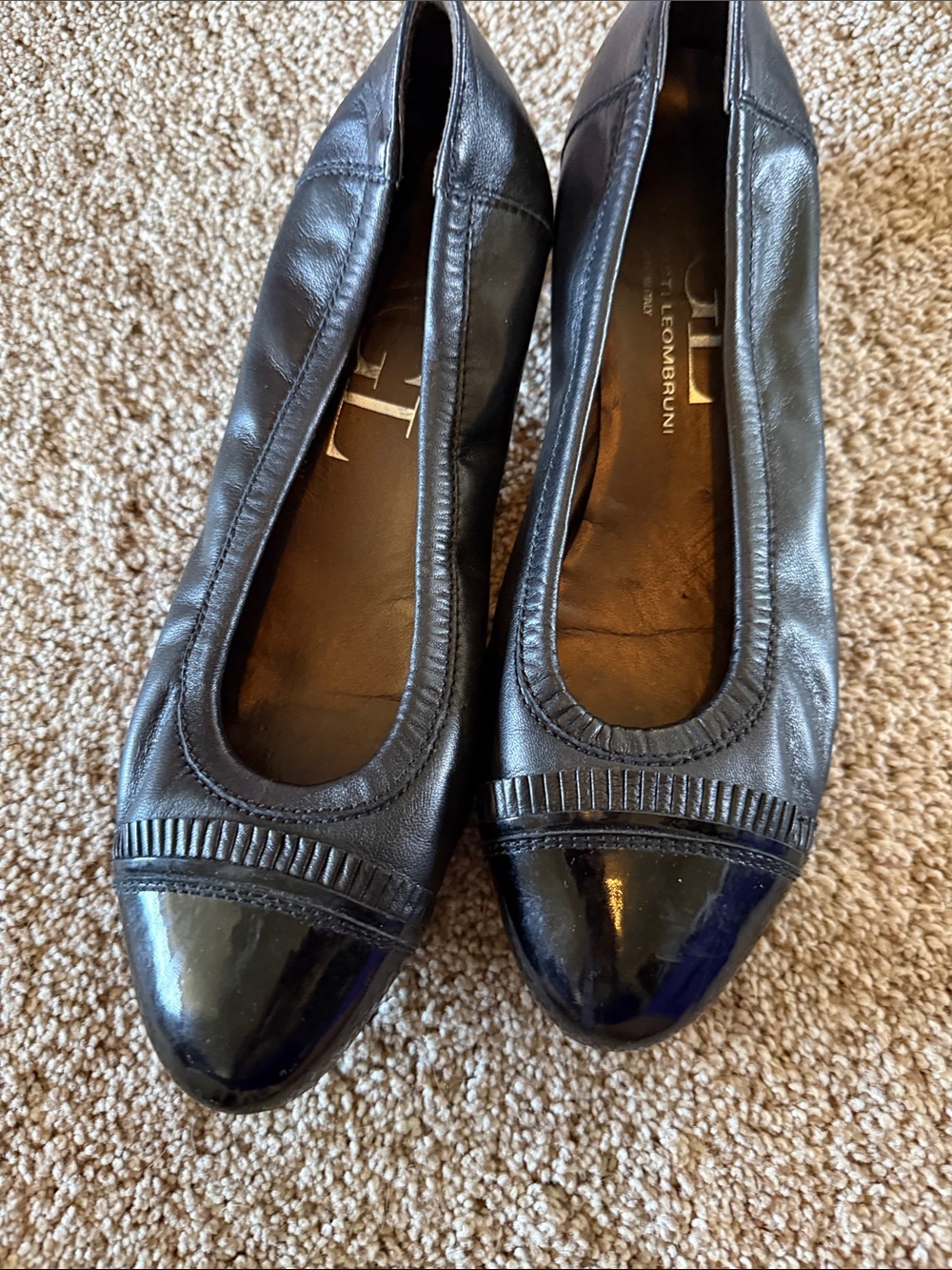 Agl Black Leather Ballet Flats with Glossy Cap Toe